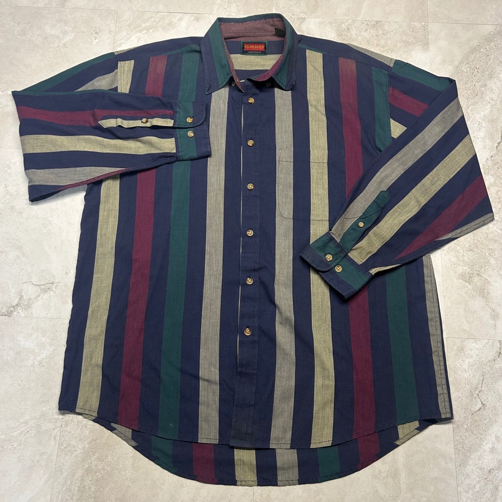 Stoneriver Outfitters Striped Button Down Shirt Mens Large Navy Green Vintage